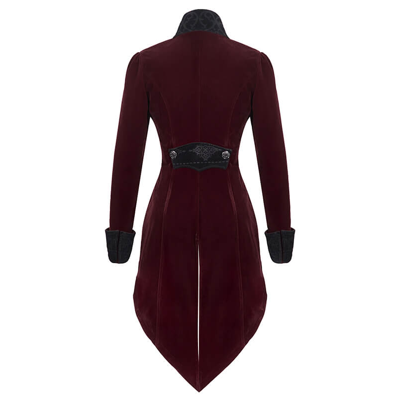 Back view of a vintage women's gothic burgundy velvet coat with ornate detailing and fitted cut.