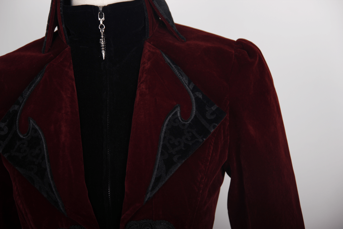 Vintage Women's Steampunk Embroidery Printed Coat / Gothic Burgundy Velvet Coat - HARD'N'HEAVY