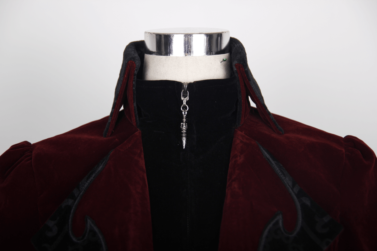 Close-up of a vintage women's burgundy steampunk coat showcasing intricate embroidery and unique collar detail.