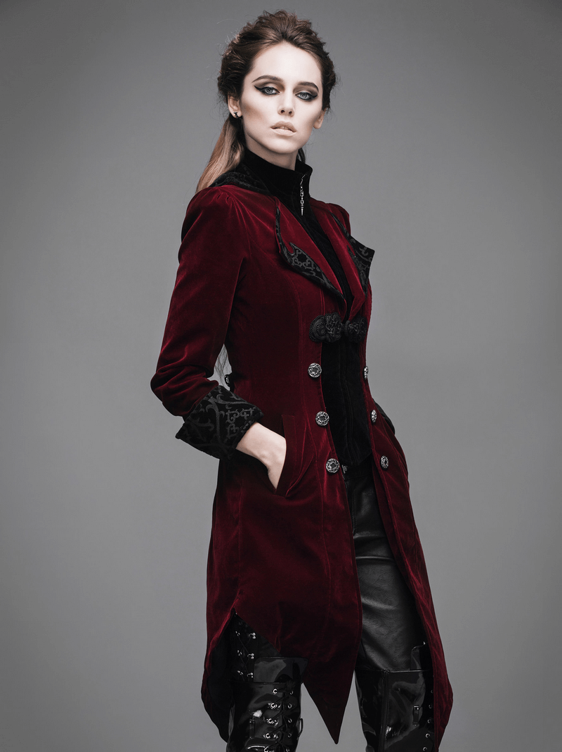 Vintage women's gothic burgundy velvet coat, featuring elegant embroidery and a fitted cut for a stunning silhouette.