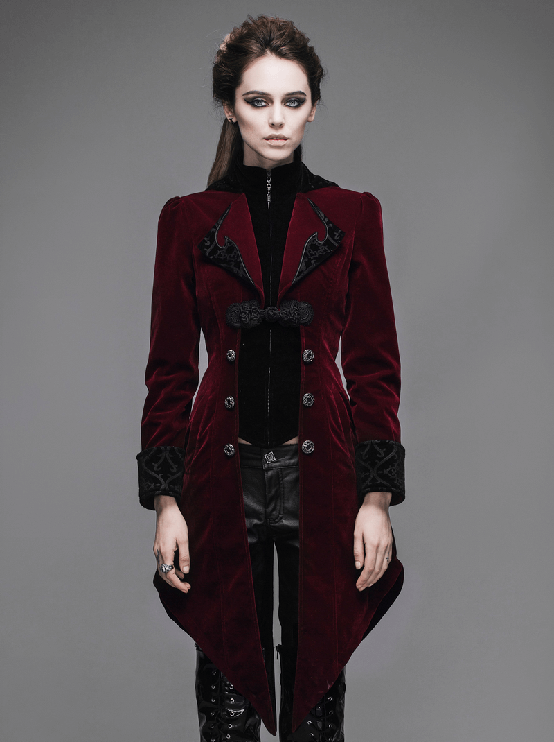 Vintage Women's Steampunk Embroidery Printed Coat / Gothic Burgundy Velvet Coat - HARD'N'HEAVY