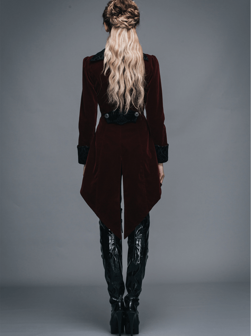 Model in a vintage burgundy steampunk coat showcasing elegant velvet fabric and fitted design from the back.