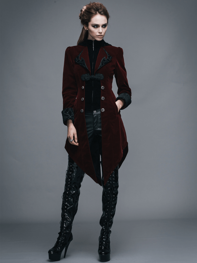 Elegant model showcasing a vintage women's burgundy steampunk embroidered coat, perfect for gothic fashion lovers.