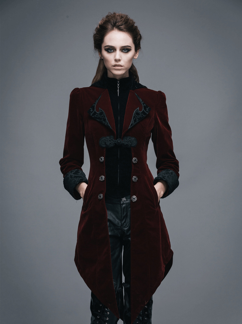 Vintage women's gothic burgundy velvet coat featuring intricate embroidery and a fitted design for a stylish silhouette.