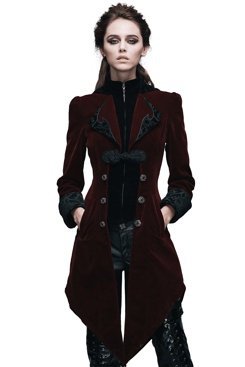 Vintage Women's Steampunk Embroidery Printed Coat / Gothic Burgundy Velvet Coat - HARD'N'HEAVY