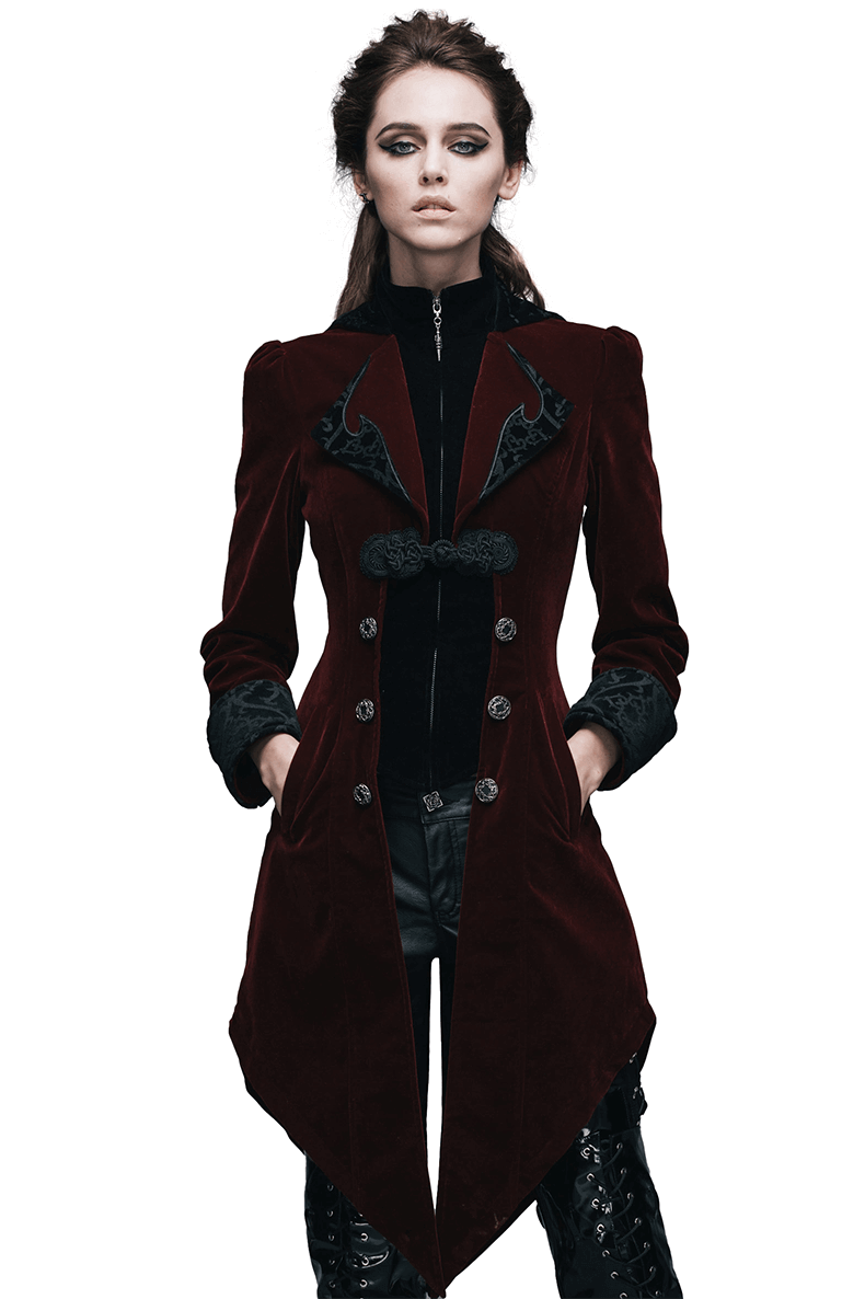 Vintage women's gothic burgundy velvet coat with elegant embroidery, perfect for a steampunk wardrobe.
