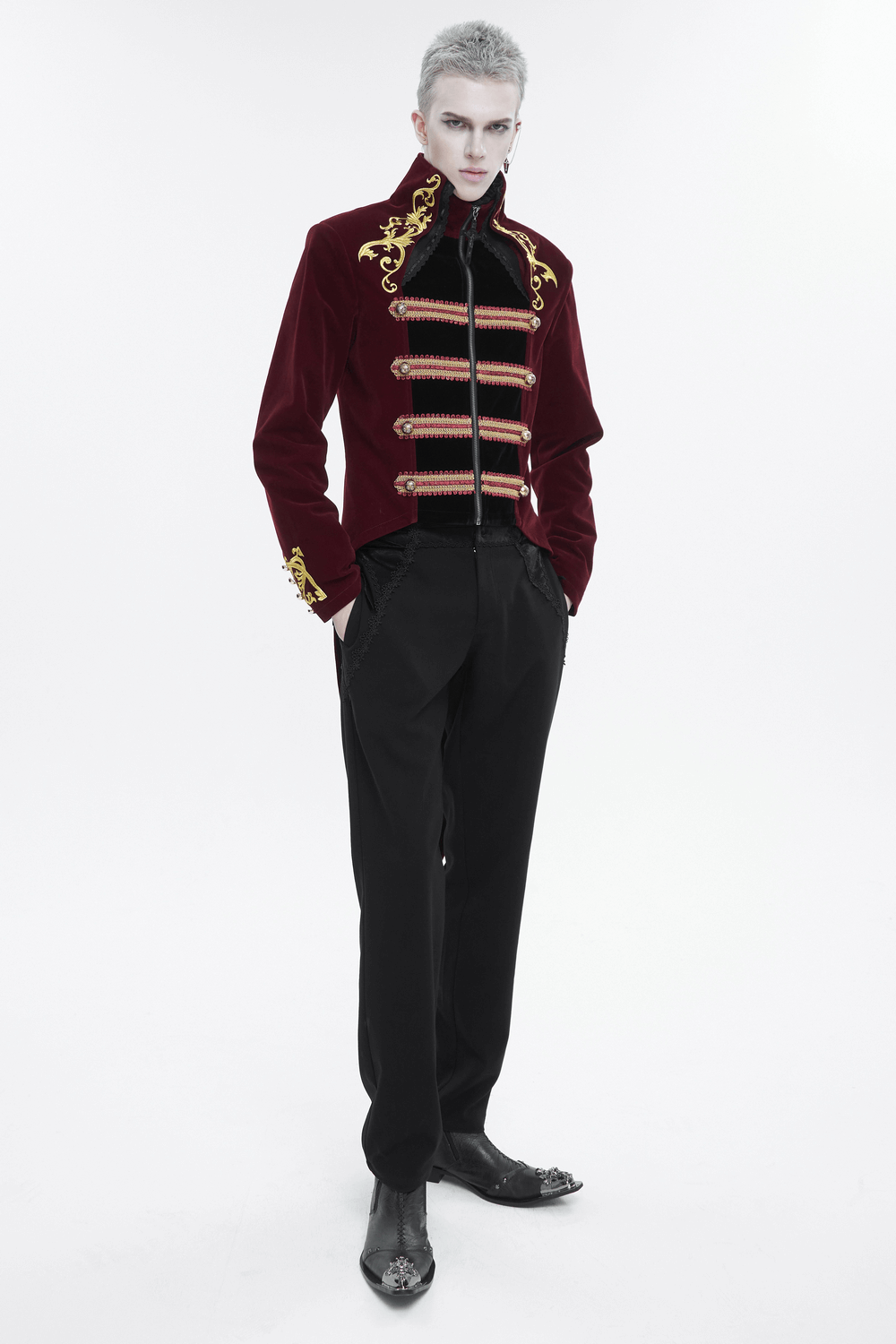 Men's vintage wine red tailcoat with gold embroidery, featuring a modern zipper front and gothic stand collar.