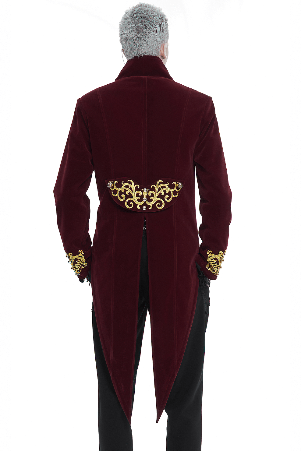 Back view of vintage wine red tailcoat with gold embroidery, showcasing gothic elegance and modern style.