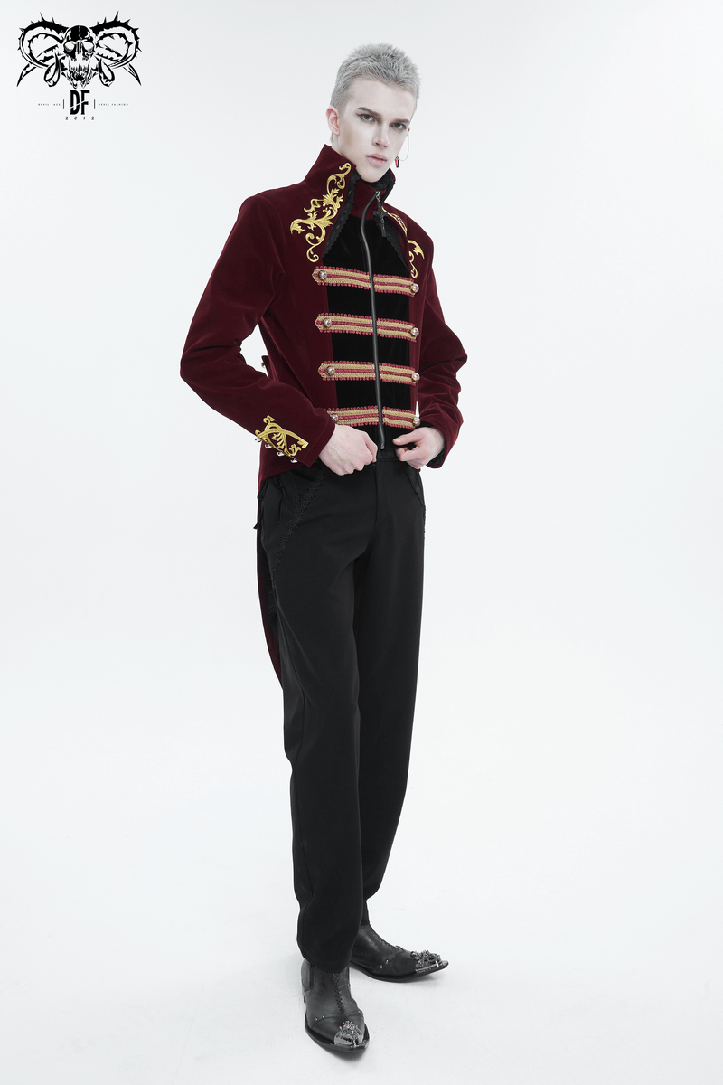 Stylish man wearing a vintage wine-red tailcoat with gold embroidery and a zipper front, exuding gothic elegance.