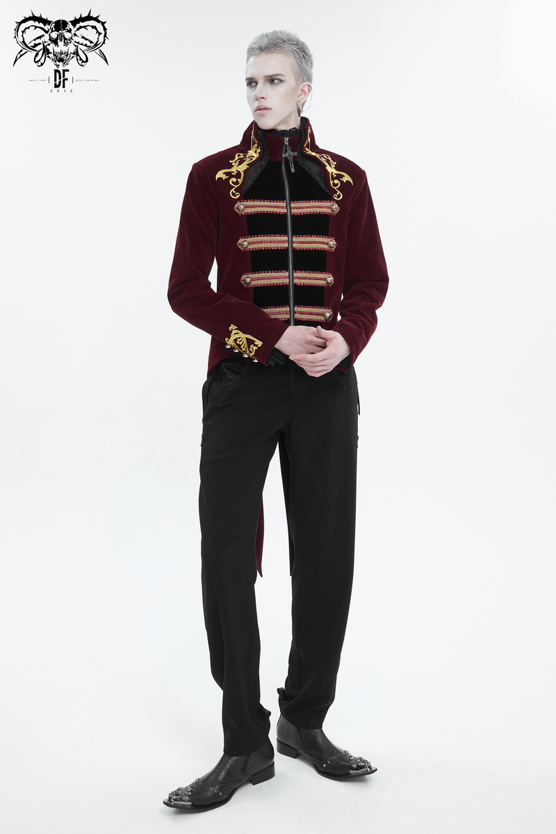 Vintage wine red tailcoat with gold embroidery, showcasing gothic style, perfect for dramatic elegance.