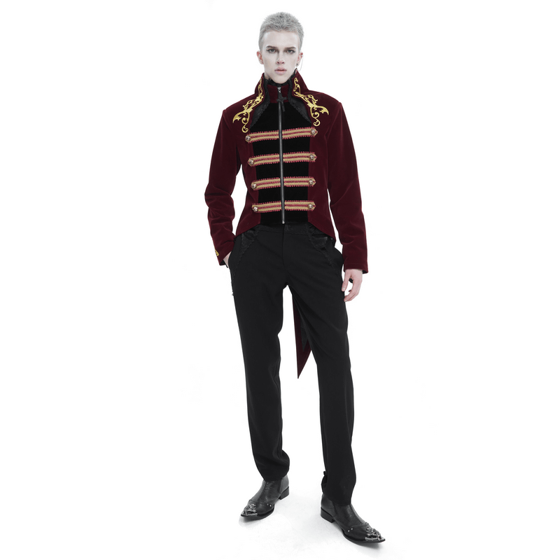 Vintage Zipper Front Wine Red Tailcoat with Gold Embroidery / Gothic Stand Collar Clothes - HARD'N'HEAVY