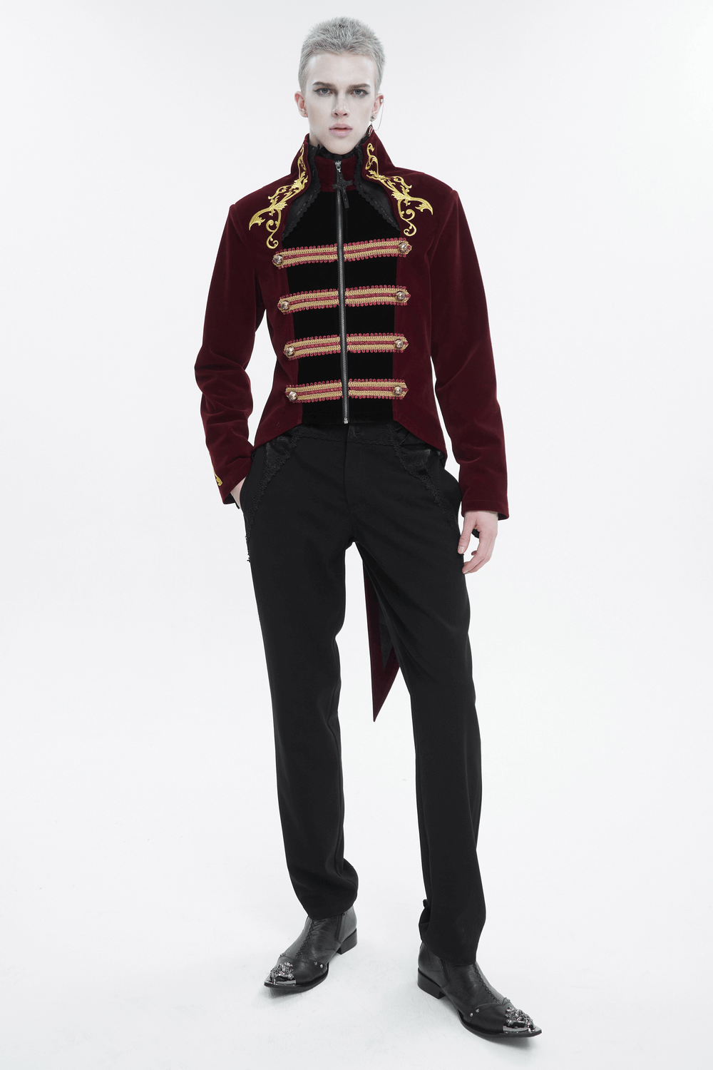 Men's vintage wine red tailcoat with gold embroidery, gothic stand collar, and zipper front style.
