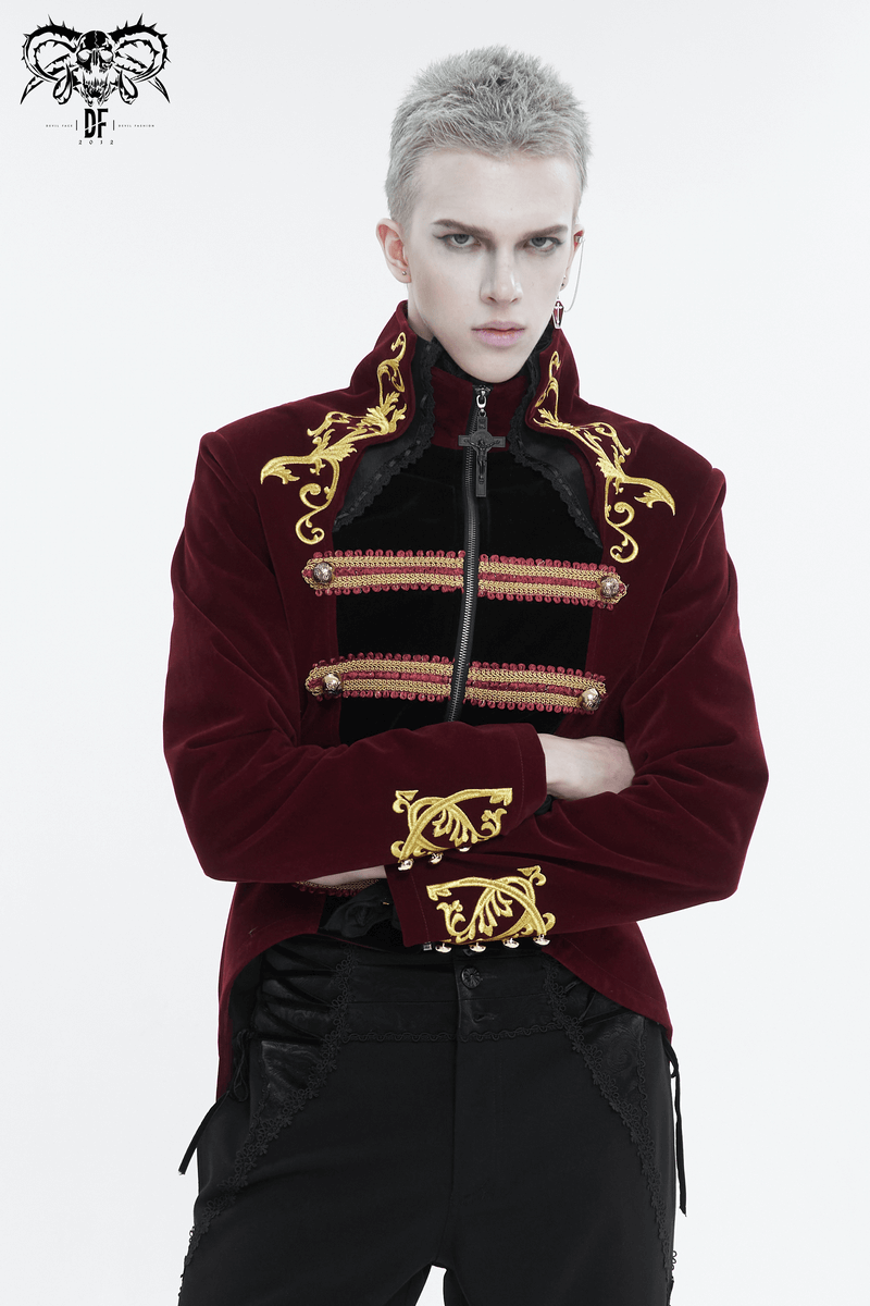 Vintage wine-red tailcoat with gold embroidery, gothic stand collar, worn by male model against a clean background.
