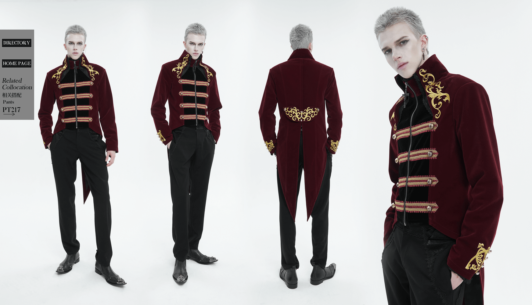 Gothic vintage wine red tailcoat with gold embroidery, featuring a modern zipper front and stand collar.