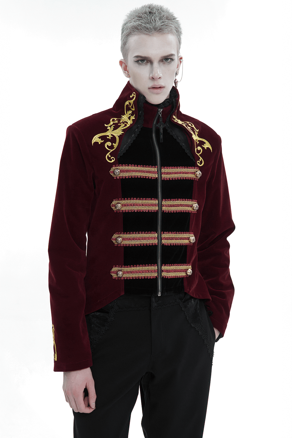 Men's vintage wine red tailcoat with gold embroidery and zipper front, perfect for gothic events.