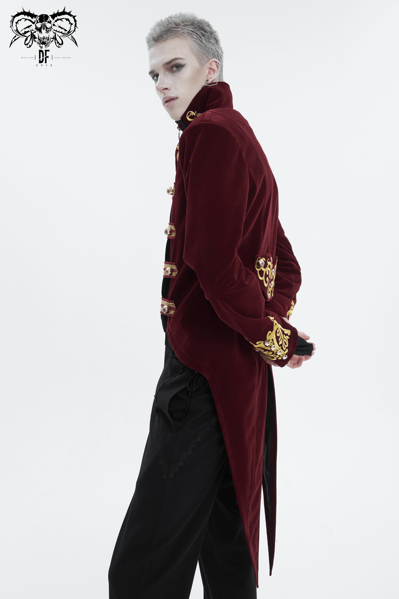 Men's vintage wine red tailcoat with gold embroidery, showcasing gothic elegance.