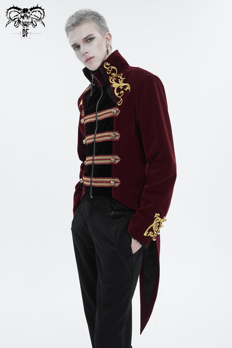 Vintage wine red tailcoat with gold embroidery and zip front, styled for gothic elegance.