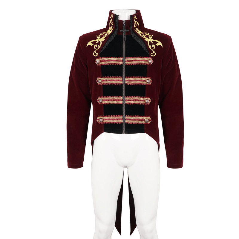 Men's vintage wine red tailcoat with gold embroidery and zipper front, perfect for gothic styles and elegant events.