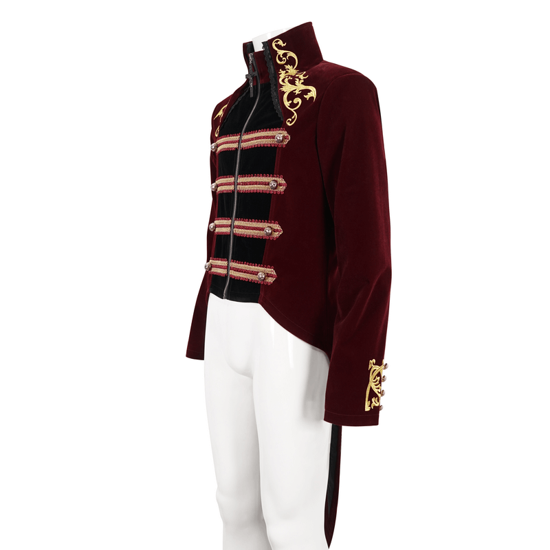 Vintage wine red tailcoat with gold embroidery for men, featuring a stylish zipper front and gothic stand collar.