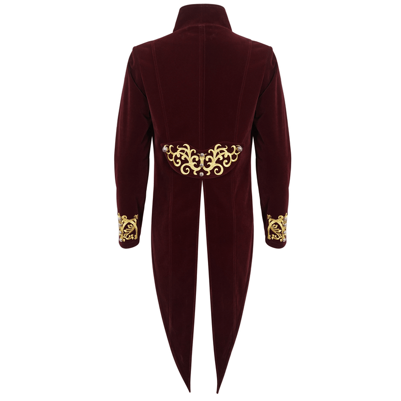 Vintage Zipper Front Wine Red Tailcoat with Gold Embroidery / Gothic Stand Collar Clothes - HARD'N'HEAVY