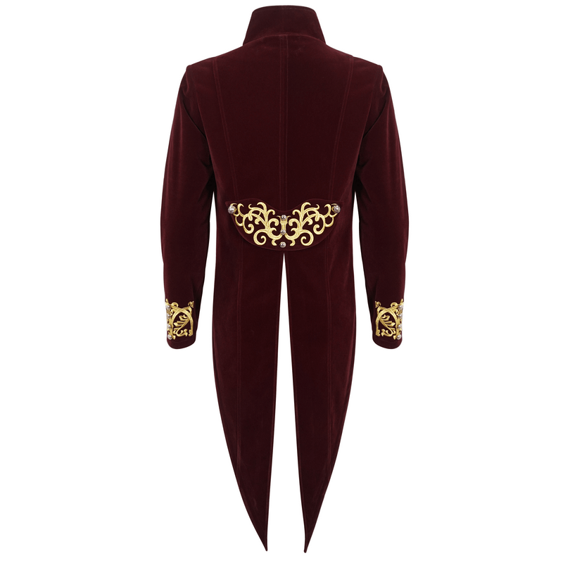 Back view of vintage wine red tailcoat with gold embroidery, perfect for gothic style and dramatic flair.