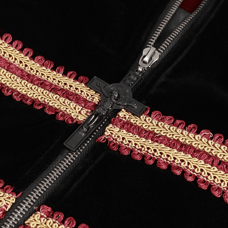 Close-up of vintage wine red tailcoat zipper with gold embroidery and intricate cross zipper pull.