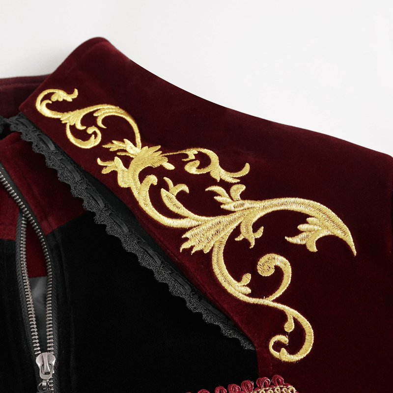Close-up of elegant gold embroidery on vintage wine-red tailcoat collar, highlighting gothic charm.