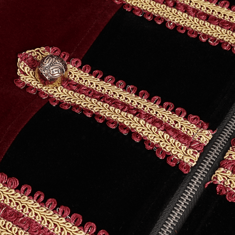 Close-up of vintage wine-red tailcoat with intricate gold embroidery and elegant zipper details.