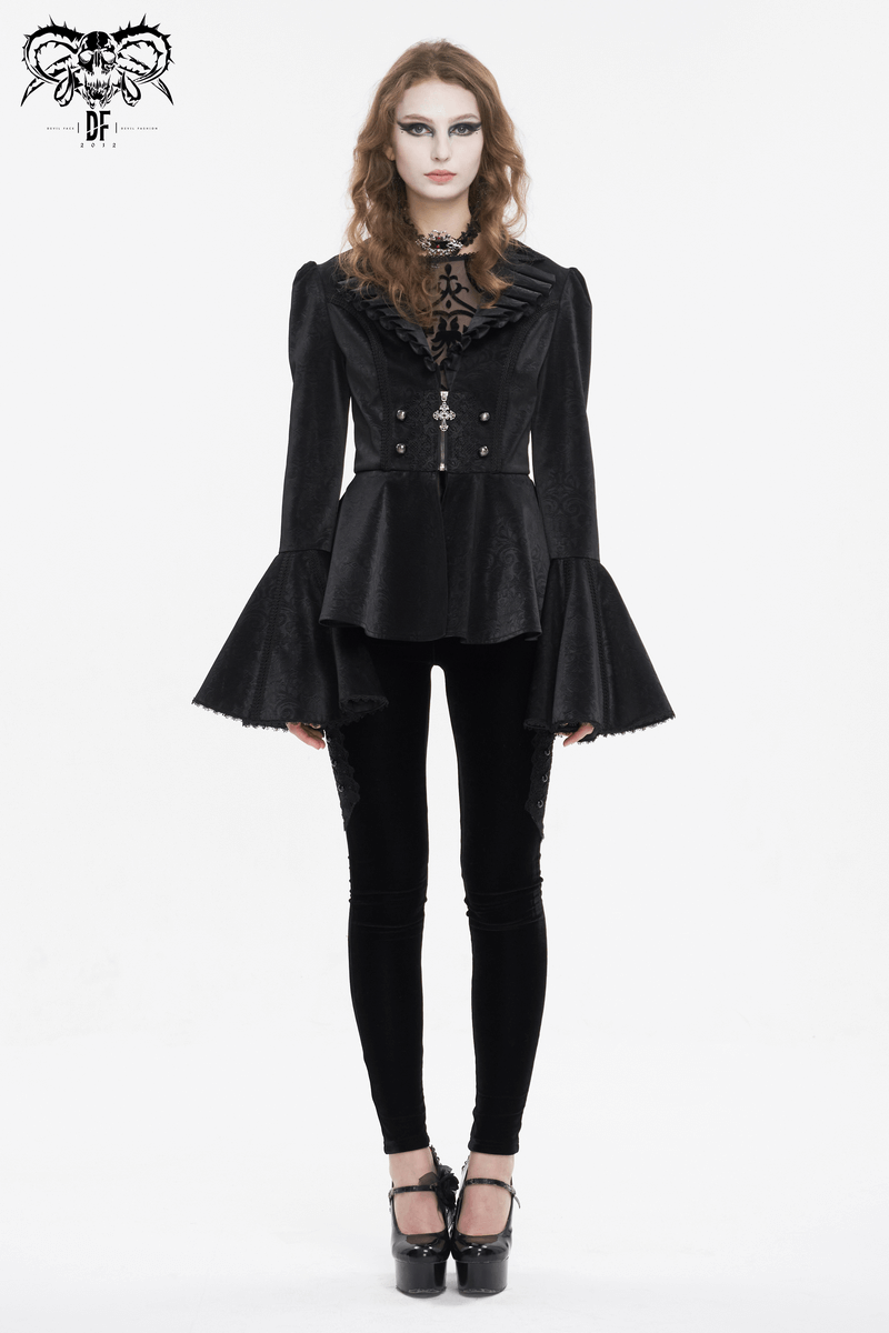 Elegant woman in a vintage gothic jacket with ruffled collar and flared sleeves, paired with black leggings and heels.