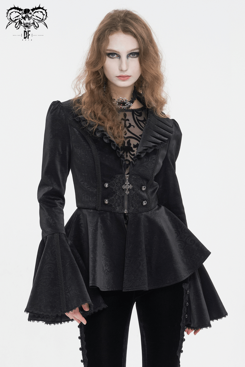 Gothic vintage jacket with ruffled collar and flared sleeves, perfect for modern gothic fashion enthusiasts.