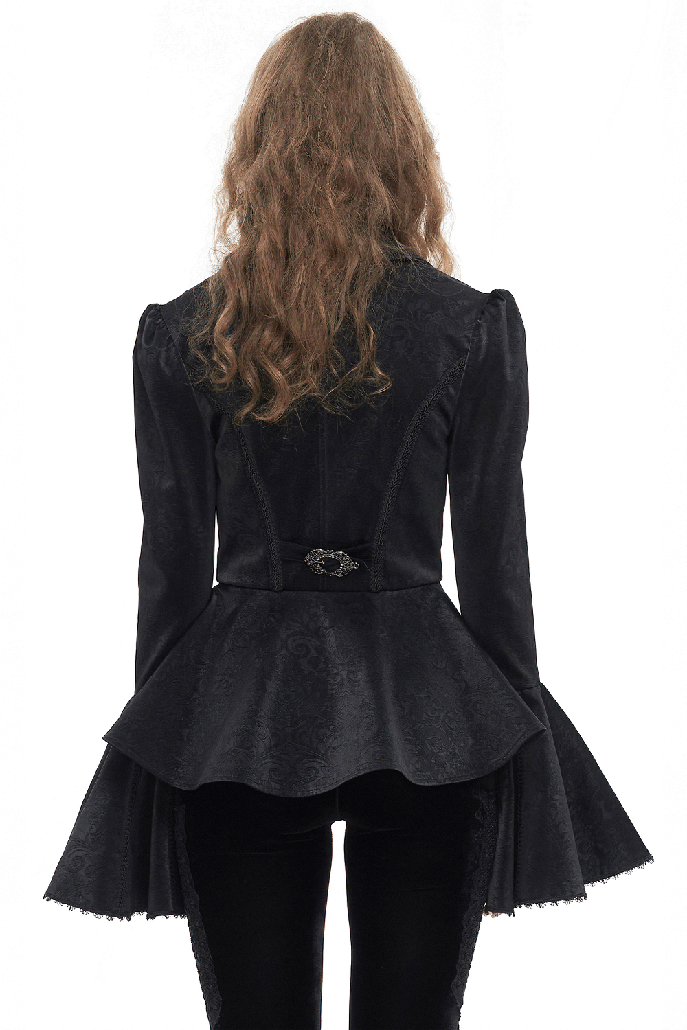 Back view of a vintage gothic jacket with ruffled collar and flared sleeves, showcasing Victorian elegance.