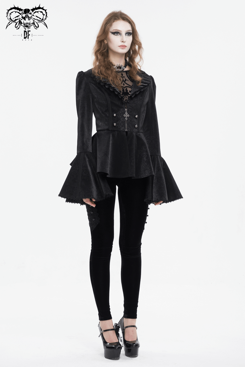 Black vintage gothic jacket with flared sleeves and ruffled collar, paired with leggings and heels, perfect for modern gothic style.