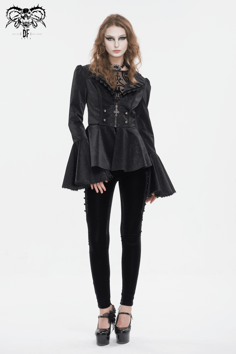 Vintage gothic jacket with flared sleeves and ruffled collar, ideal for modern gothic fashion enthusiasts.
