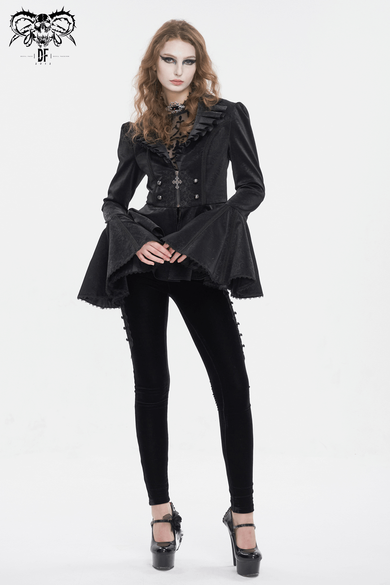 Women’s vintage gothic jacket with flared sleeves and ruffled collar, styled with sleek black leggings and heels.