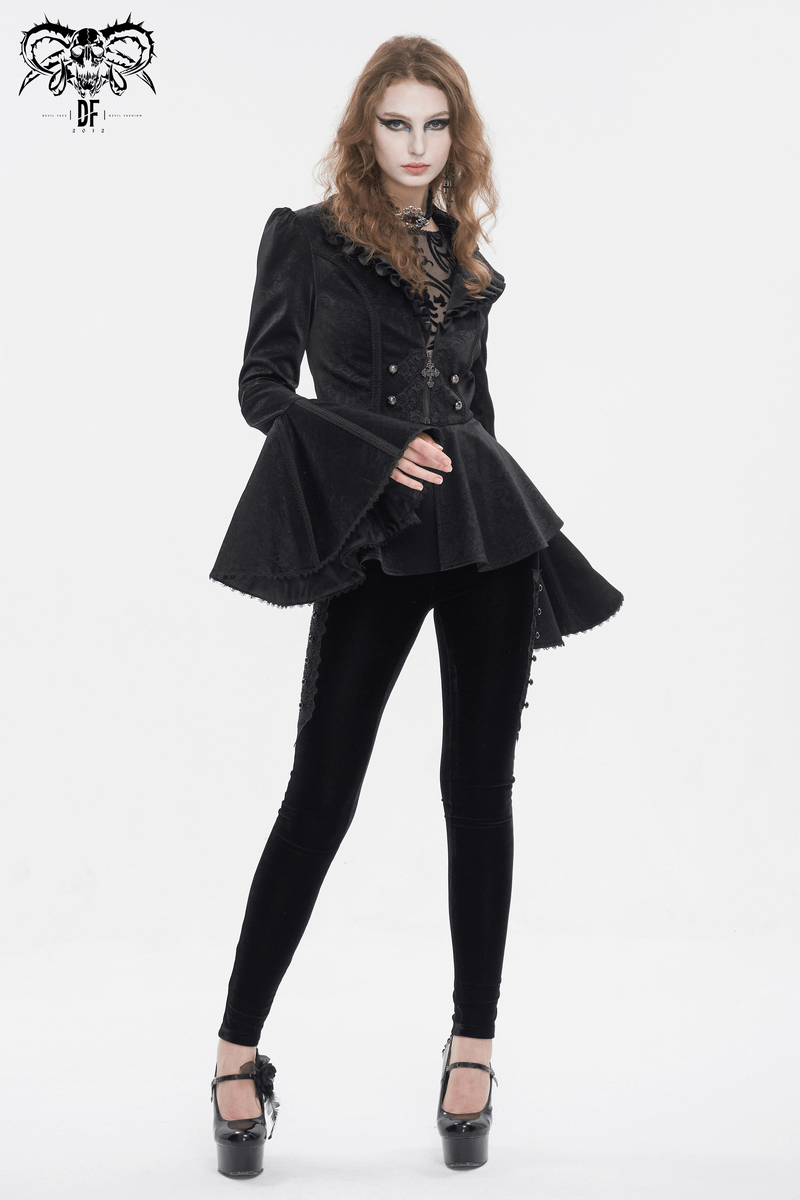 Women's vintage gothic jacket with flared sleeves and ruffled collar, styled for modern gothic fashion.