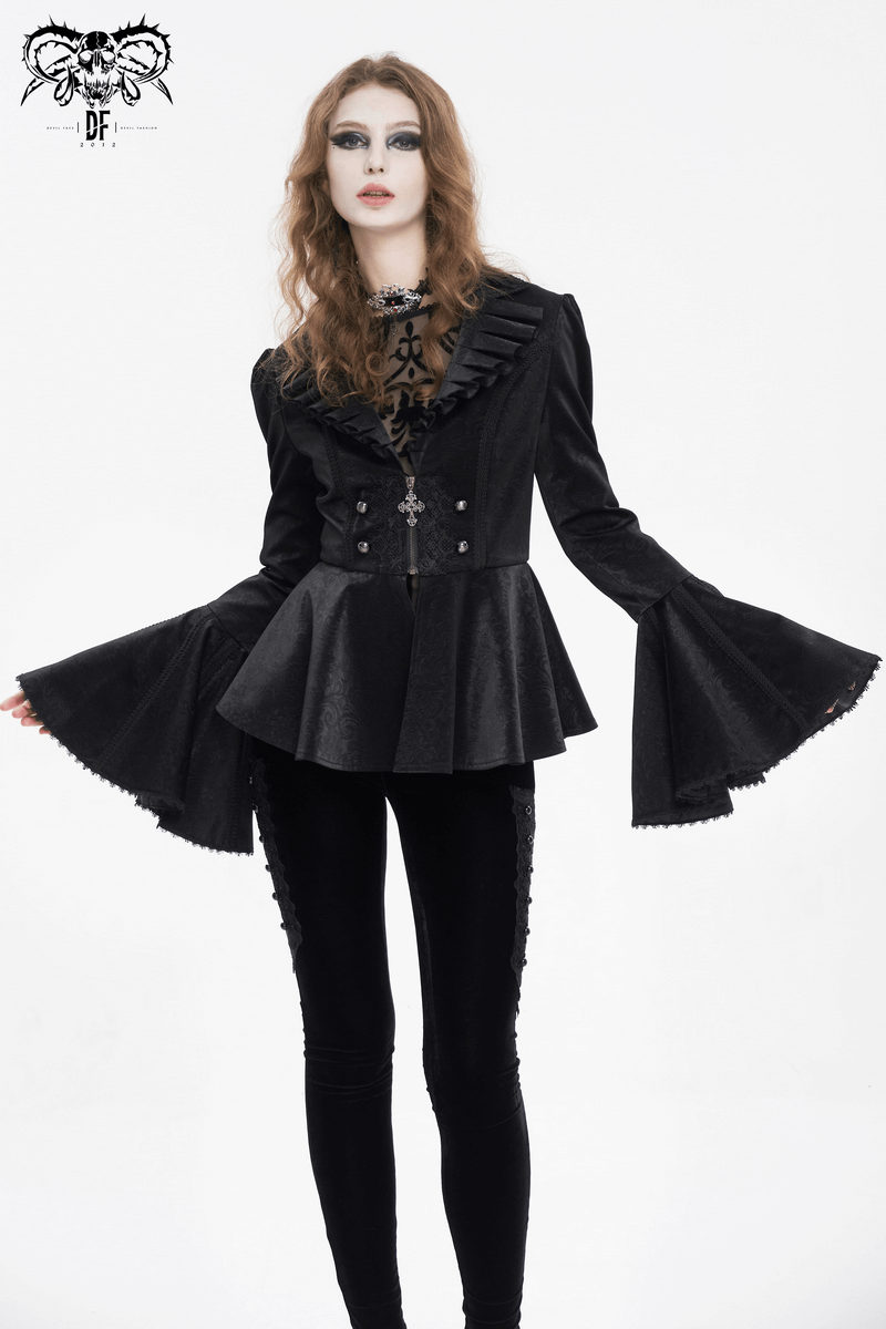 Women's vintage gothic jacket with ruffled collar and long flared sleeves, showcasing Victorian elegance.