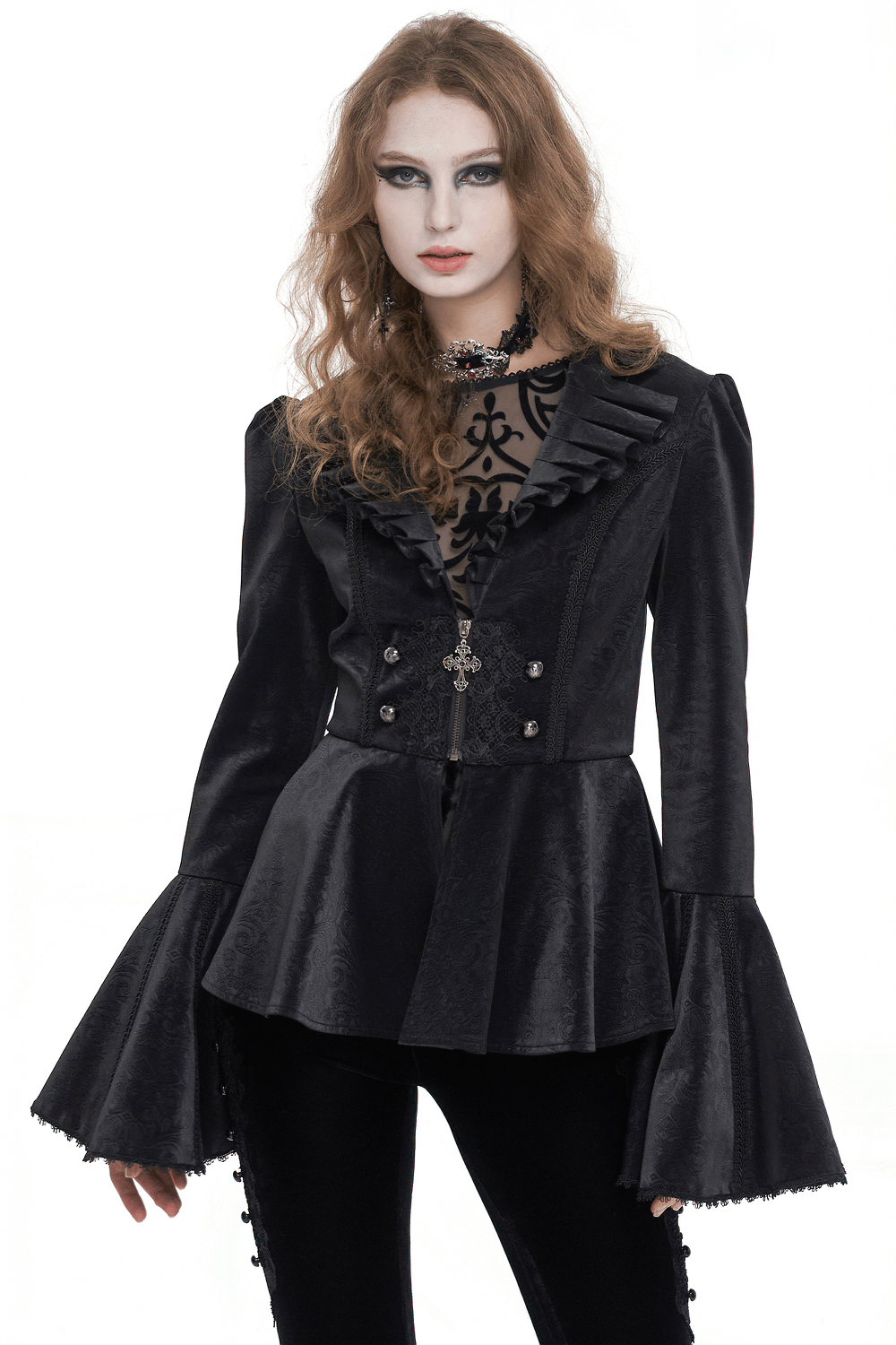 Vintage Gothic jacket with ruffled collar and flared sleeves for a dramatic Victorian-inspired look.