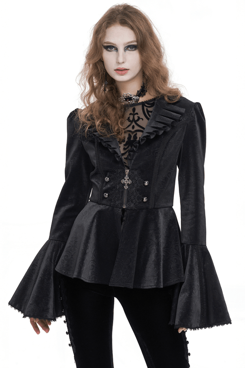 Vintage Zipper Long Flared Sleeves Jacket / Gothic Ruffled Collar Jackets