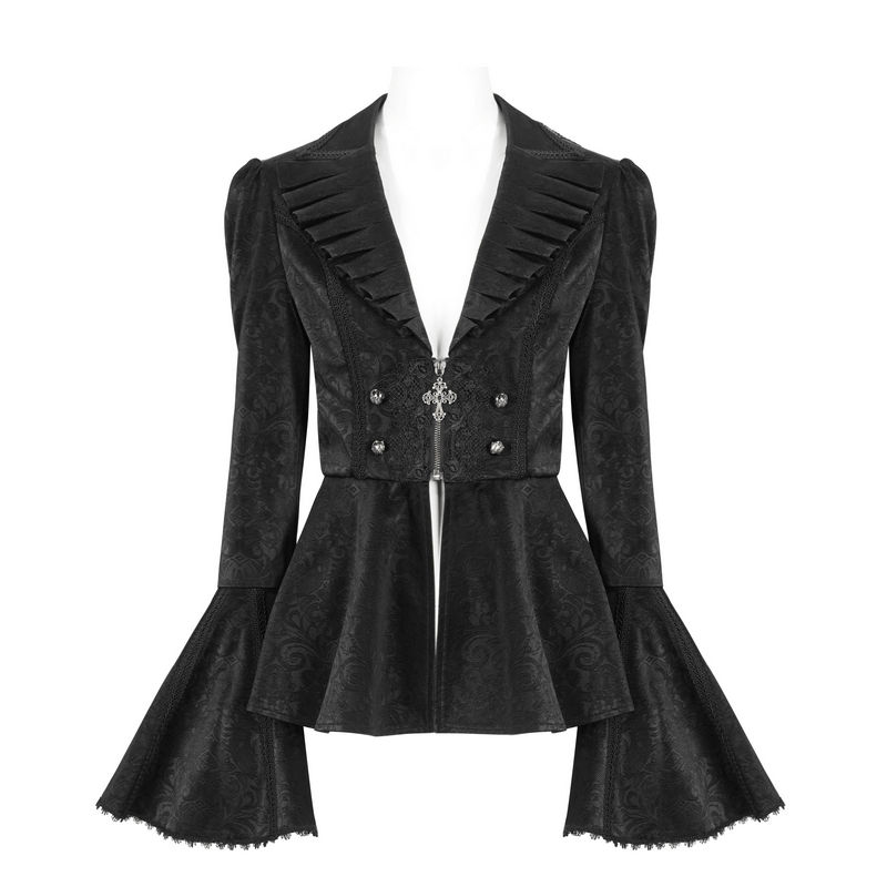 Vintage gothic women's jacket with ruffled collar and flared sleeves, featuring an elegant zipper and Victorian style.