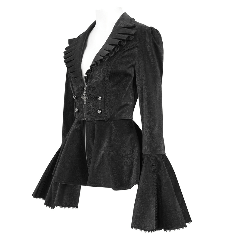 Vintage Gothic jacket with flared sleeves and ruffled collar, perfect for a dramatic, elegant look.