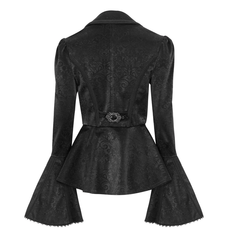 Back view of a vintage gothic jacket with long flared sleeves and ruffled collar, featuring intricate detailing.