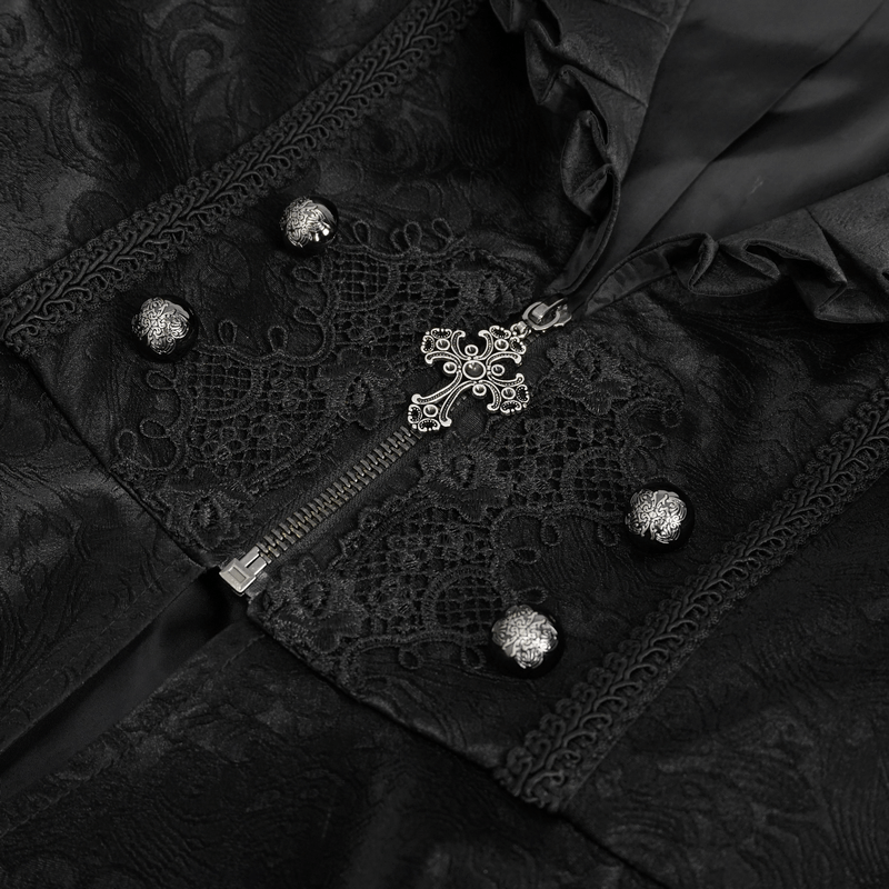 Close-up of a vintage gothic jacket with a ruffled collar, intricate lace, and a decorative zipper.