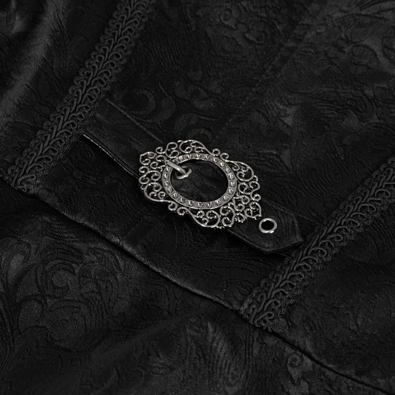 Close-up of vintage gothic jacket zipper, featuring intricate ruffled collar and ornate buckle detail.