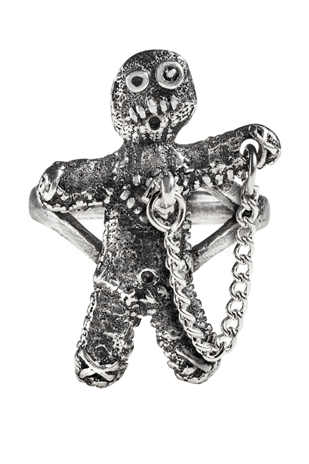 Gothic pewter Voodoo Doll ring with safety chain and peg-pin detail, perfect for folk magic enthusiasts.