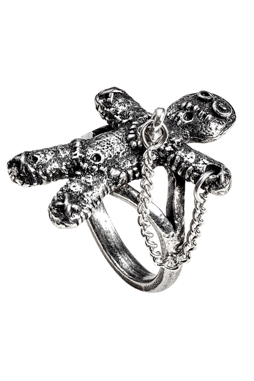 Gothic pewter Voodoo Doll ring with safety chain and peg-pin detail, perfect for witchcraft enthusiasts.