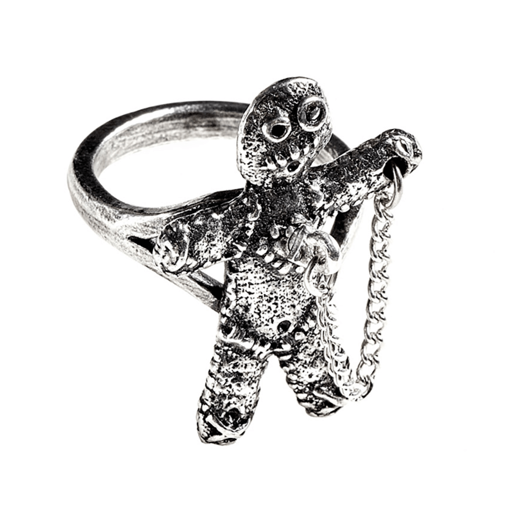 Gothic pewter Voodoo doll ring with chain and peg-pin detail, perfect for fans of witchcraft and folk magic.