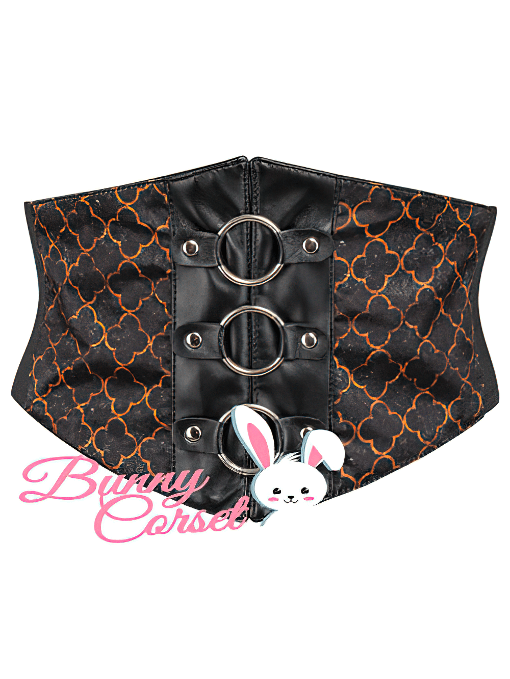 Stylish waist cinching corset belt featuring chic metal rings and elegant black print, perfect for fashion styling.