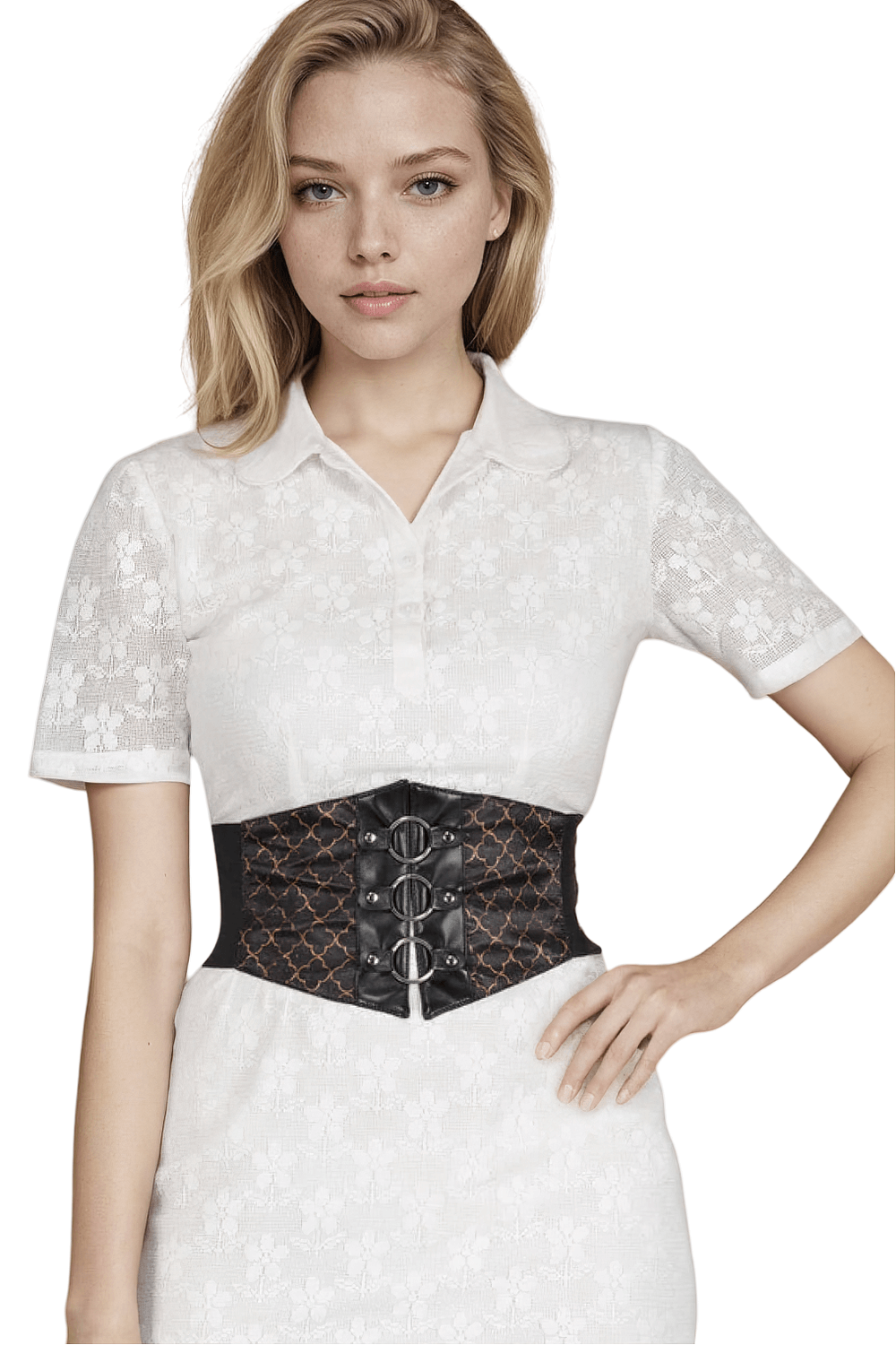 Model wearing a stylish waist cinching corset belt with zipper and chic details, enhancing her elegant look.