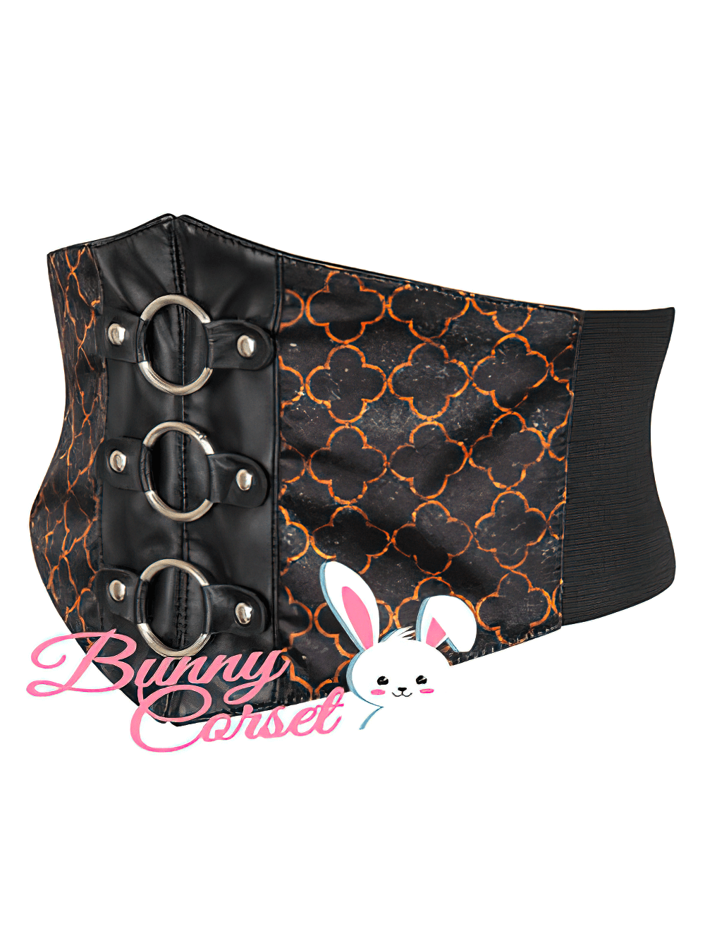 Waist cinching corset belt with stylish metal details and elastic fit, ideal for edgy fashion styling.