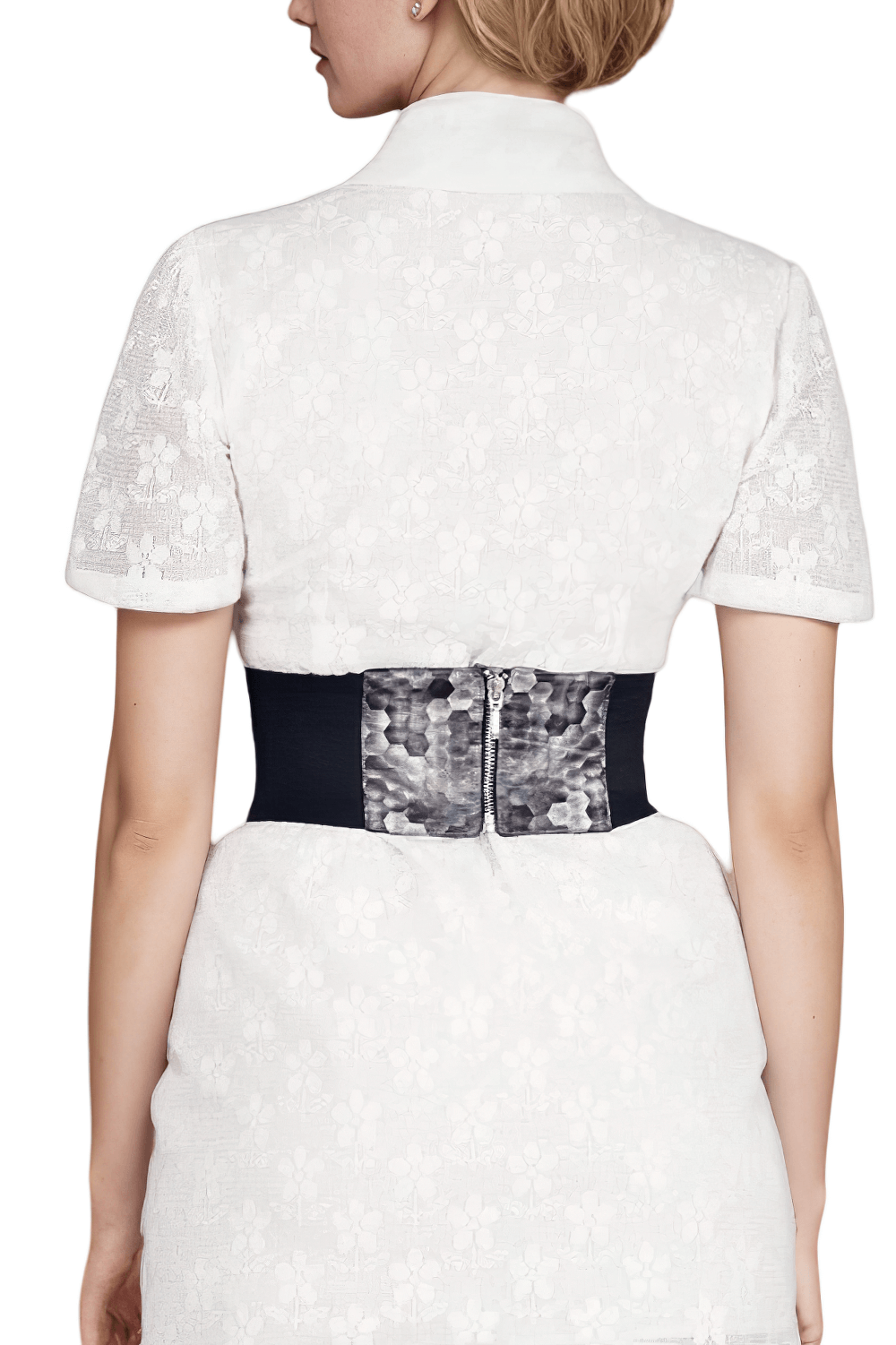 Elegant back view of the satin corset belt with zipper and metal ring accents, perfect for chic waist styling.